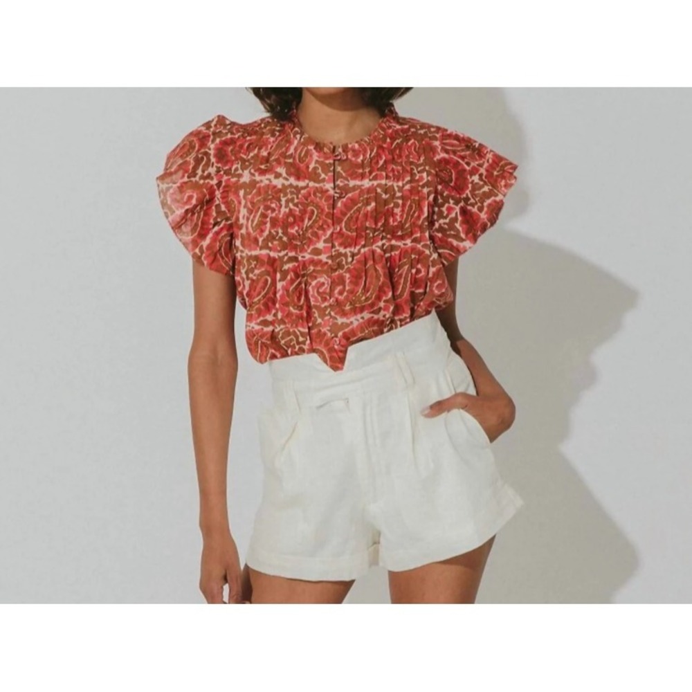 NWT Cleobella Calla Blouse Woodblock Print Aurora Red Brown Flutter Sleeves SZ S